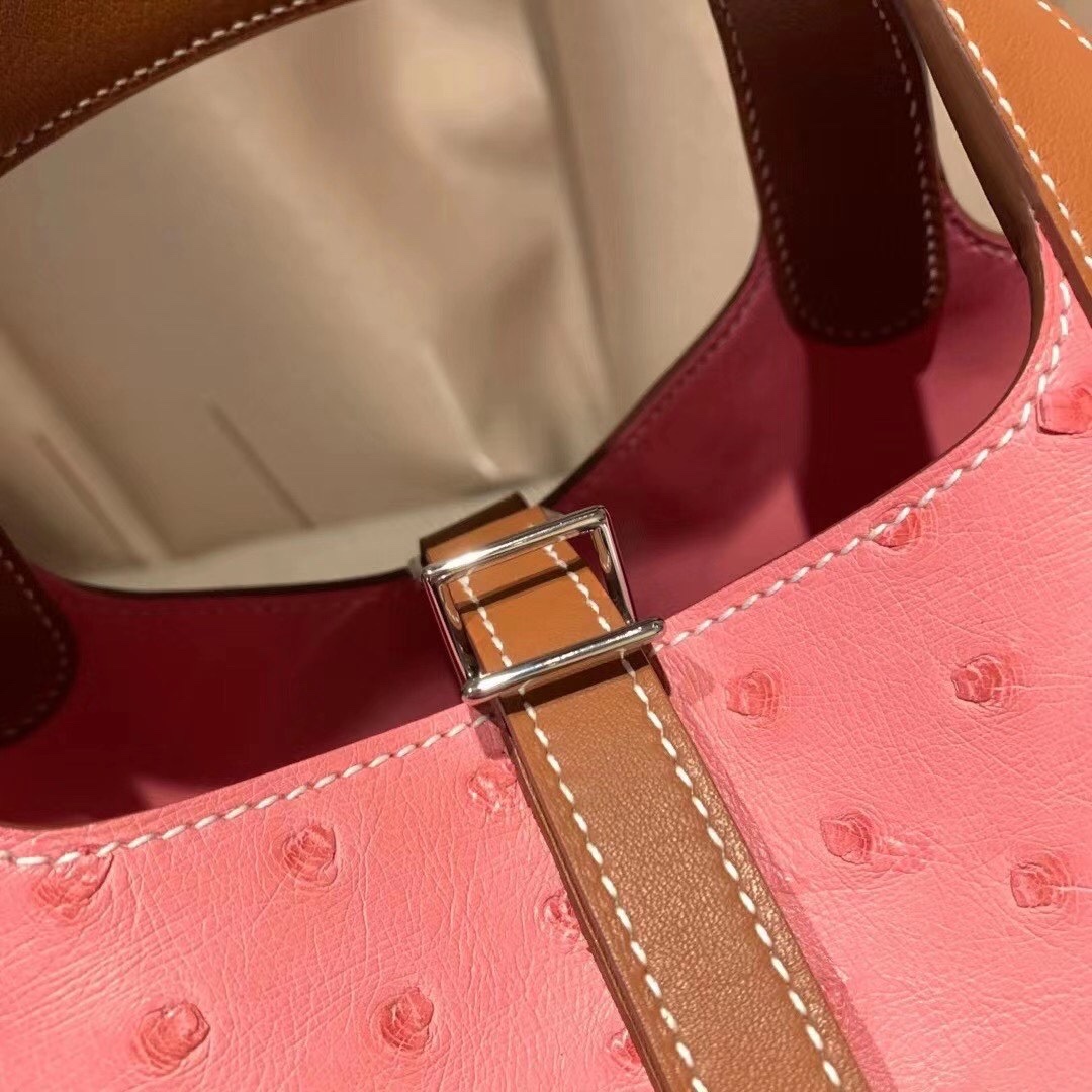 에르메스 피코탄 락18 핑크 골드브라운 은장 타조가죽